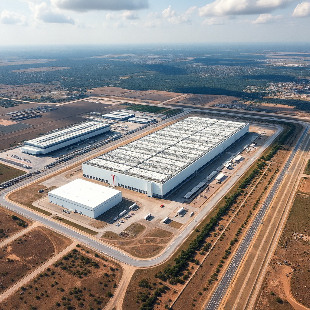 Aerial view of Tesla's massive Gigafactory Texas in Austin, with surrounding landscape showing the scale of the facility