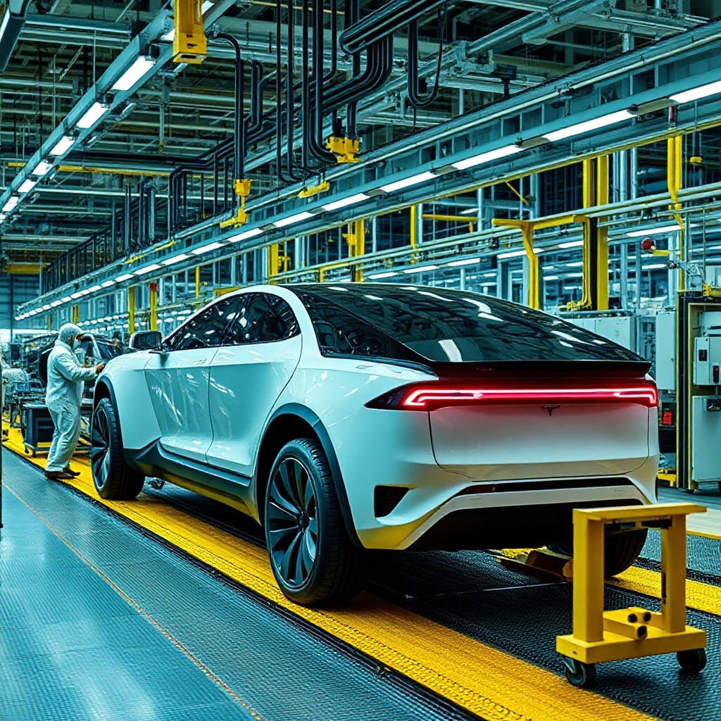 Tesla Cybertruck on production line with workers assembling North American-sourced components in a high-tech manufacturing environment