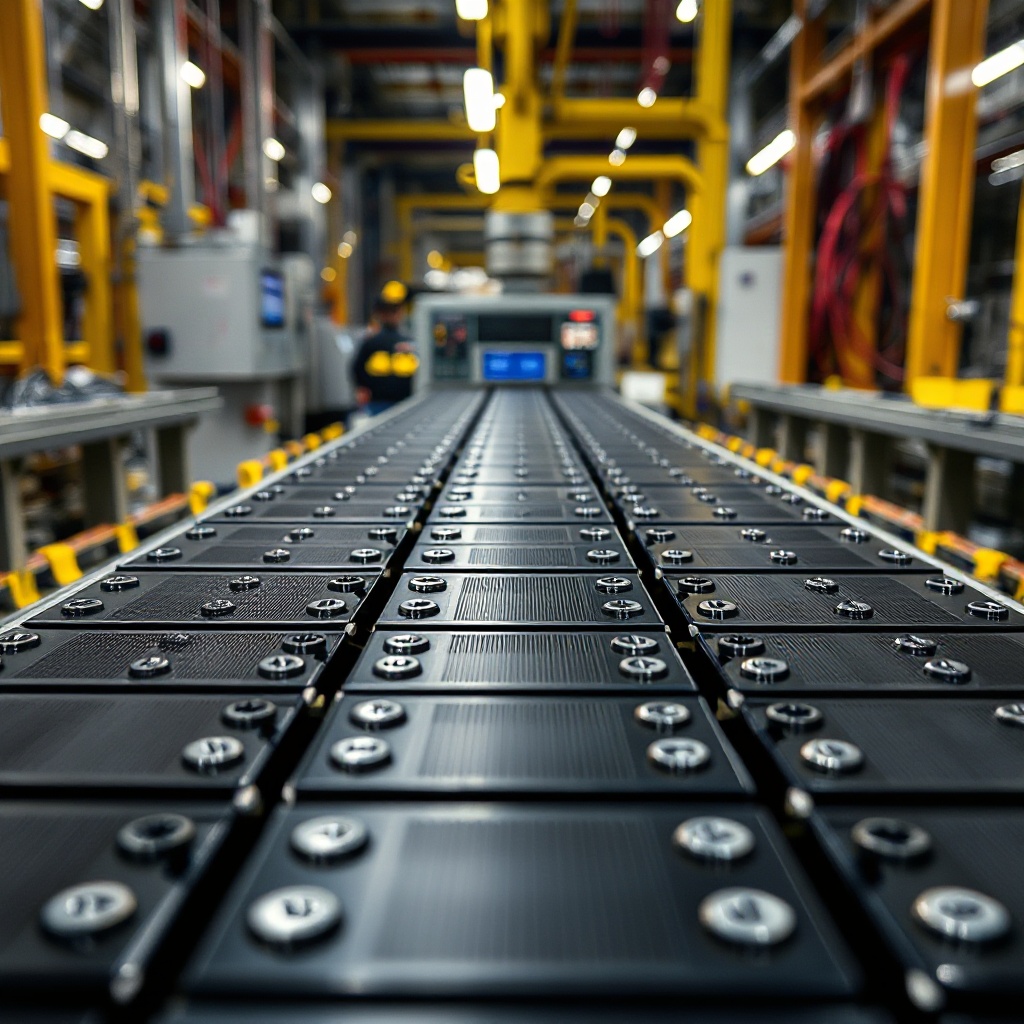 Close-up of Tesla battery cells being manufactured at Gigafactory Nevada with specialized equipment visible in the background