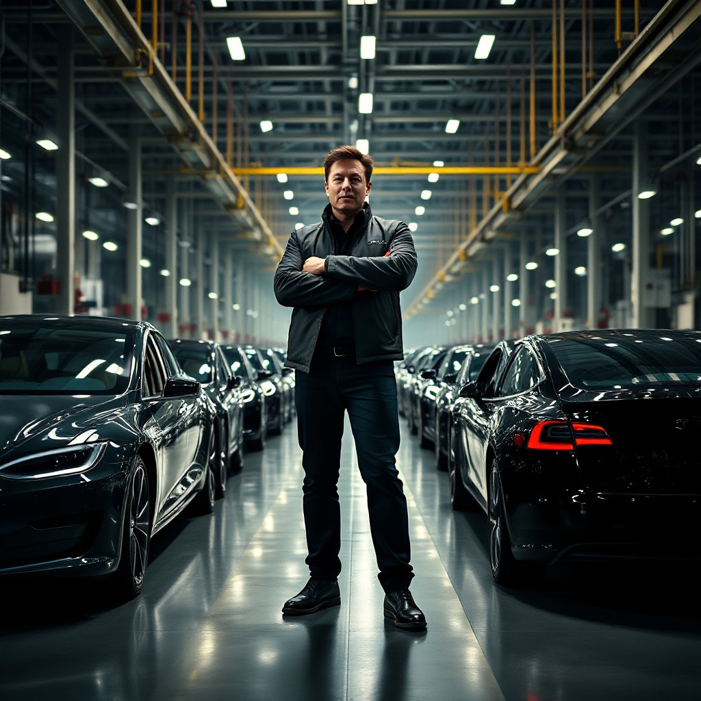 Elon Musk standing confidently in Tesla's Gigafactory with production lines of electric vehicles visible in the background, dramatic lighting highlighting his role as the visionary leader