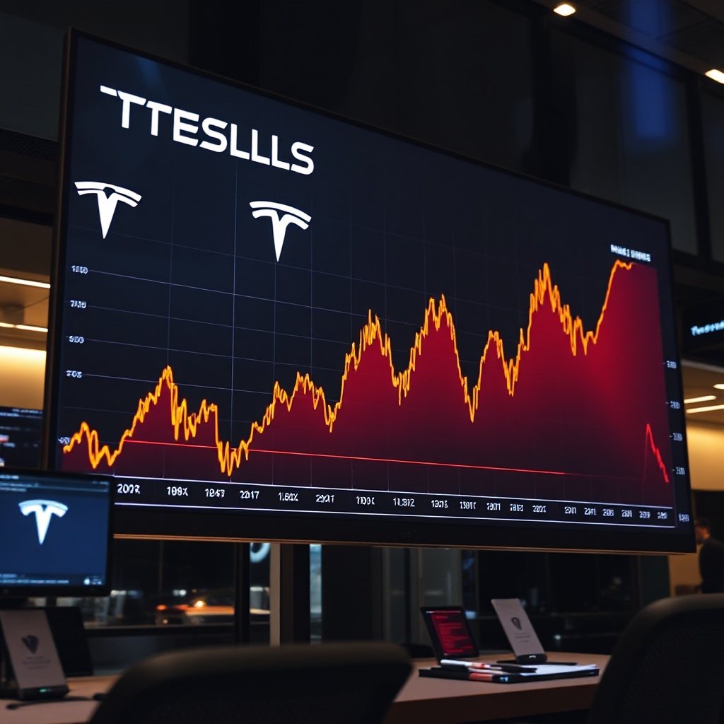 A dramatic stock chart showing Tesla's valuation growth under Musk's leadership with significant peaks and valleys, displayed on a large monitor in a modern trading environment