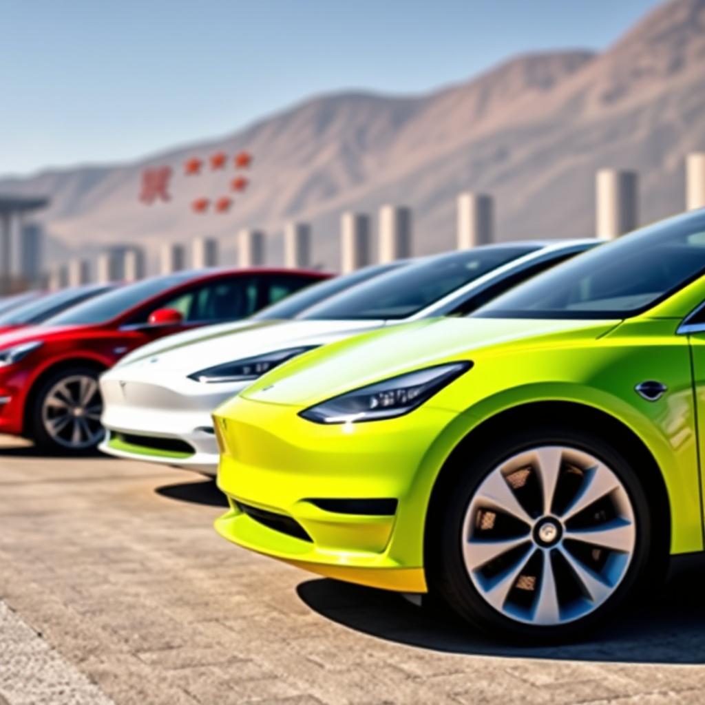 Tesla vehicles lined up against a backdrop of Chinese electric vehicle competitors, showcasing the global innovation race in the EV market
