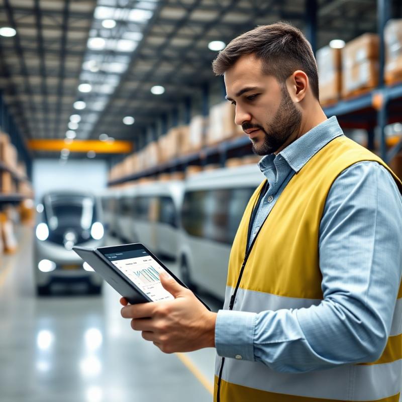  A logistics professional using a tablet with a TMS interface showing route optimization while standing in a modern warehouse with autonomous vehicles moving in the background.