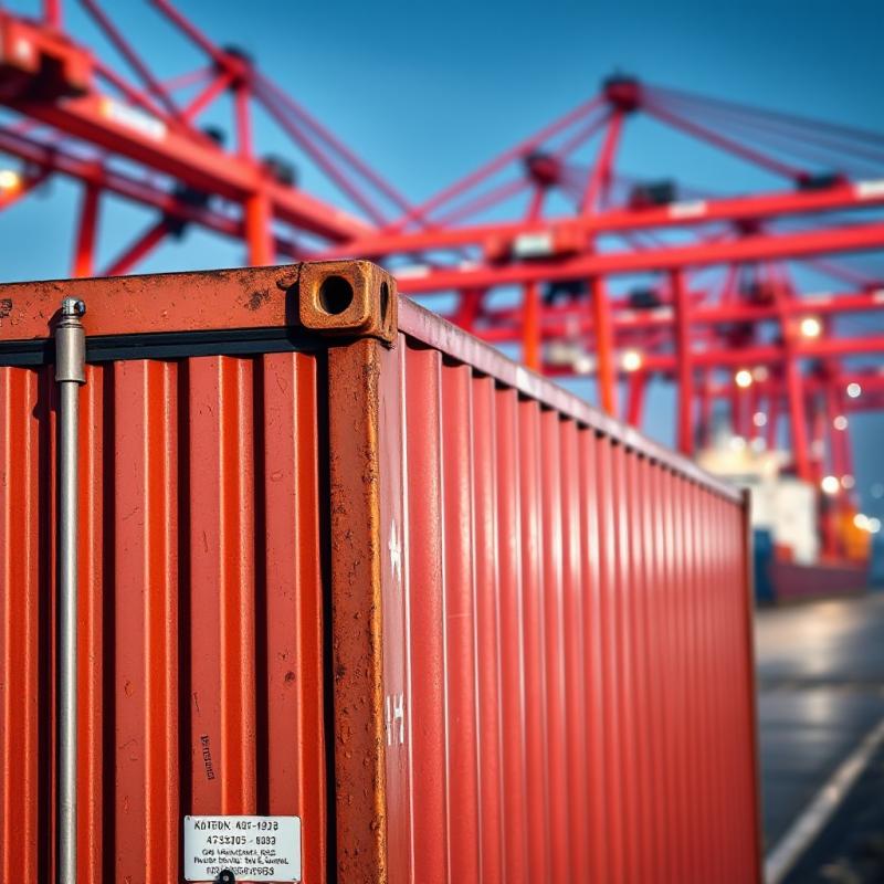  Close-up of a shipping container with IoT tracking devices and sensors attached, positioned on a busy international port with cranes and cargo ships in the background.