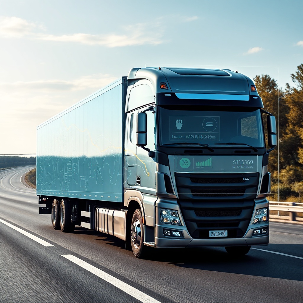 A modern freight truck on a highway with a digital overlay showing AI-optimized route mapping with alternative paths, traffic data, and fuel efficiency metrics displayed in an augmented reality style