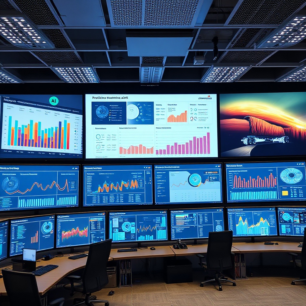 A logistics control center with large screens displaying AI-powered analytics dashboards showing real-time fleet data, predictive maintenance alerts, driver performance metrics, and automated load matching visualizations
